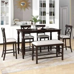 Mojay 6-Piece Rectangular Espresso Wood Dining Table Set With 4 Upholstered Chairs And Bench For Kitchen And Dining Room -Home Table Chair Store 51Jm1b97mLL. AC
