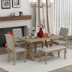 Harper & Bright Designs 6-Piece Dining Set With Bench, Farmhouse Rustic Kitchen Table Set With Wood Table, Bench And 4 Cross Back Dining Chairs, White+Cherry -Home Table Chair Store 51KRANaMNCL. AC