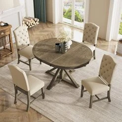 Merax 5 Piece Kitchen Dining Table Set, Wood Round Dining Table Set With Extendable Table And 4 Upholstered Chairs For Dining Room And Living Room, Functional Furniture Retro Style (Natural)