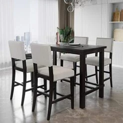 Merax 5 Piece Dining Set Kitchen Table Set Counter Height Table Set With One Rectangle Table And 4 Cushioned Chairs For 4 Persons Dining Room Table Set For Small Place(Table+4 Chairs)