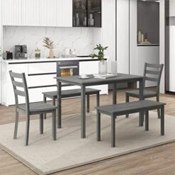 Harper & Bright Designs 5-Piece Wooden Dining Set, Kitchen Table with 2 Dining Chairs & 2 Benches, Farmhouse Rustic Style Dining Table And Chair Bench Set -Home Table Chair Store 51L2txH6aTL. AC