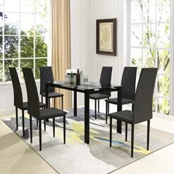 Recaceik 7 Pieces Modern Dining Table Set For 6, 52 Inch Glass Table And 6 PU Leather Kitchen Dining Room Chairs With Metal Frames, Dining Room Table And Chairs Set, Easy To Clean & Assemble