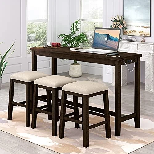 Harper & Bright Designs 4-Piece Counter Height Table Set With 2 Drawers And Socket, Mulitpurpose Rustic Bar Dining Table Set With 3 Leather Padded Stools (Espresso) 10 Harper & Bright Designs 4-Piece Counter Height Table Set With 2 Drawers And Socket, Mulitpurpose Rustic Bar Dining Table Set With 3 Leather Padded Stools (Espresso) - Image 8