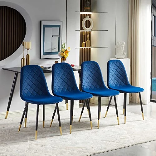 NORDICANA Velvet Dining Chairs Kitchen Solid Color Chair Upholstered Side Stools With Backrest Metal Legs Set Of 4, Navy Blue 4 NORDICANA Velvet Dining Chairs Kitchen Solid Color Chair Upholstered Side Stools With Backrest Metal Legs Set Of 4, Navy Blue - Image 2