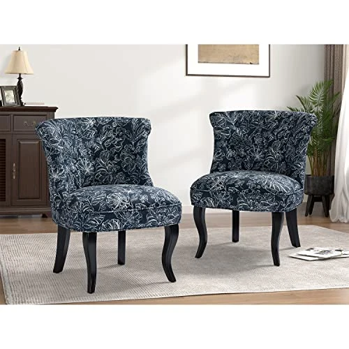 TINA'S HOME Modern Fabric Armless Accent Chairs Set Of 2, Upholstered Fabric Button Single Sofa Chair With Wooden Legs For Living Room, Comfy Tufted Bedroom Chairs For Dining Room (Navy) 3 TINA'S HOME Modern Fabric Armless Accent Chairs Set Of 2, Upholstered Fabric Button Single Sofa Chair With Wooden Legs For Living Room, Comfy Tufted Bedroom Chairs For Dining Room (Navy)