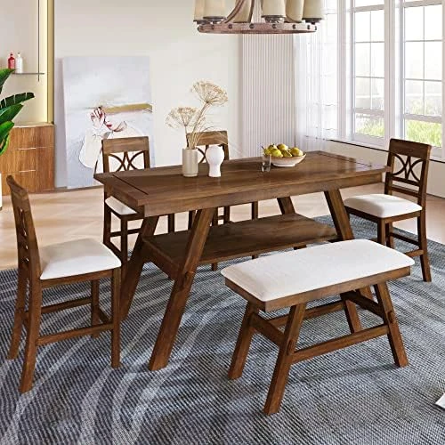 Merax 6 Piece Kitchen Dining Table Set, Wooden Rectangular Dining Table With Upholstered Bench And 4 Chairs, Dining Room Table Set For 6 People, Living Room Furniture (Gray, Cushions) 17 Merax 6 Piece Kitchen Dining Table Set, Wooden Rectangular Dining Table With Upholstered Bench And 4 Chairs, Dining Room Table Set For 6 People, Living Room Furniture (Gray, Cushions) - Image 15