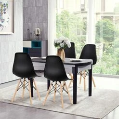 GOFLAME DSW Dining Chairs, Shell Plastic Chairs With Wood Legs, Modern Style Armless Chairs For Living Room Kitchen Bedroom, Eiffel DSW Style Side Chairs With Ergonomic Backrest Set Of 4, Black -Home Table Chair Store 51OOoJ0kUvL