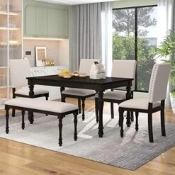 P PURLOVE Faux Marble Style 6 Piece Dining Table Set Marble Stickers MDF Top Kitchen Table With 4 Thicken Cushion Chairs And A Bench, For Home Living Room (White) -Home Table Chair Store 51OazKcShOL. AC