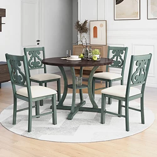 LCH 5 Pieces Round Kitchen 4 Upholstered Chairs And Storage Shelf, Bistro Table Set, For Dining Room (Antique Blue/Dark Brown) 3 LCH 5 Pieces Round Kitchen 4 Upholstered Chairs And Storage Shelf, Bistro Table Set, For Dining Room (Antique Blue/Dark Brown)