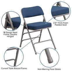 EMMA + OLIVER 2 Pack Premium Curved Triple Braced & Double Hinged Navy Fabric Metal Folding Chair -Home Table Chair Store 51RCBRiVoaL