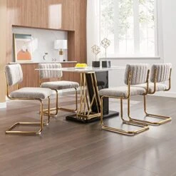 Zesthouse Mid-Century Modern Dining Chairs With Gold Metal Base, Accent Armless Kitchen Chairs With Channel Tufting, Upholstered Boucle Fabric Side Chairs, Set Of 2, Grey Khaki 11 Zesthouse Mid-Century Modern Dining Chairs With Gold Metal Base, Accent Armless Kitchen Chairs With Channel Tufting, Upholstered Boucle Fabric Side Chairs, Set Of 2, Grey Khaki -Home Table Chair Store 51SwPV0zXfL