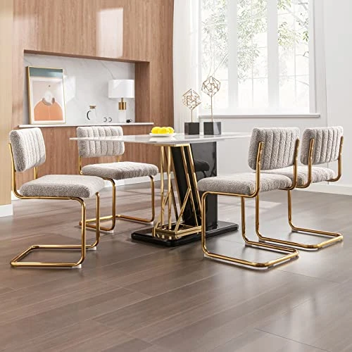 Zesthouse Mid-Century Modern Dining Chairs With Gold Metal Base, Accent Armless Kitchen Chairs With Channel Tufting, Upholstered Boucle Fabric Side Chairs, Set Of 2, Grey Khaki 6 Zesthouse Mid-Century Modern Dining Chairs With Gold Metal Base, Accent Armless Kitchen Chairs With Channel Tufting, Upholstered Boucle Fabric Side Chairs, Set Of 2, Grey Khaki - Image 4