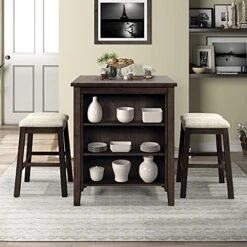 3-Piece Dining Room Table Set, Bar Pub Table Set With Storage Shelf, Industrial Style Counter Height Kitchen Table With 2 Backless Barstools For Dining Area (Brown) -Home Table Chair Store 51ULLz2NMnL. AC