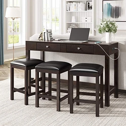 Harper & Bright Designs 4-Piece Counter Height Table Set With 2 Drawers And Socket, Mulitpurpose Rustic Bar Dining Table Set With 3 Leather Padded Stools (Espresso) 12 Harper & Bright Designs 4-Piece Counter Height Table Set With 2 Drawers And Socket, Mulitpurpose Rustic Bar Dining Table Set With 3 Leather Padded Stools (Espresso) - Image 10