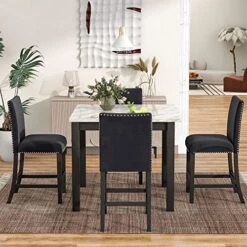 SIYSNKSI 5-Piece Premium Counter Height Dining Table Set, Rectangular Marble Dining Table With 4 Velvet Upholstered-Seat Chairs For Kitchen Living Room Furniture (Black + MDF + 40" X 40")