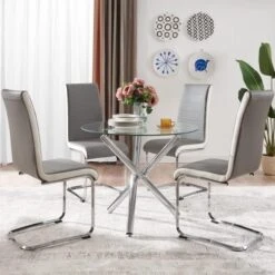 Modern Round Dining Table With Clear Tempered Glass Top, 3 Chrome Legs Kitchen Table For 2 Or 4 Person,Round Dining Table Furniture For Home Office Kitchen Dining Room(W 35.4 X L 35.4 X H 29.5 Inch) 13 Modern Round Dining Table With Clear Tempered Glass Top, 3 Chrome Legs Kitchen Table For 2 Or 4 Person,Round Dining Table Furniture For Home Office Kitchen Dining Room(W 35.4 X L 35.4 X H 29.5 Inch) -Home Table Chair Store 51Vckm7wjCL. AC