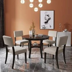 Merax 5 Piece Kitchen Dining Table Set, Wood Round Dining Table Set With Extendable Table And 4 Upholstered Chairs For Dining Room And Living Room, Functional Furniture Retro Style (Natural) -Home Table Chair Store 51VpxwCfuJL. AC