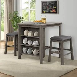 Bellemave 3 Piece Dining Table Set Counter Height Table Chair Set With 1 Table, 2 Padded Stools, Storage Shelf For Kitchen, Dining Room, Gray -Home Table Chair Store 51WkgPbcMCL. AC