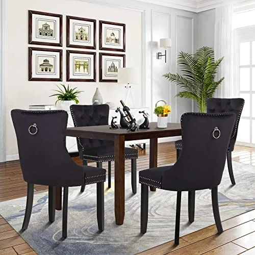 MAISON ARTS Velvet Tufted Dining Chairs Set Of 4, Upholstered Dining Room Chairs With Ring Pull Trim & Button Back Modern Dinner Chairs With Solid Wood Legs For Kitchen Dining Room (Black,4pcs) 4 MAISON ARTS Velvet Tufted Dining Chairs Set Of 4, Upholstered Dining Room Chairs With Ring Pull Trim & Button Back Modern Dinner Chairs With Solid Wood Legs For Kitchen Dining Room (Black,4pcs) - Image 2