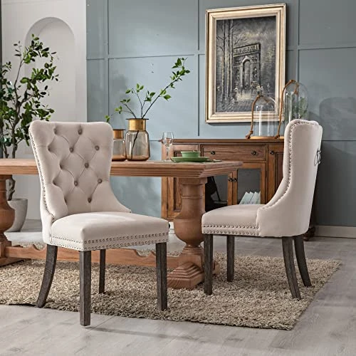 Civama Dining Chairs Set Of 6, Velvet Nikki Collection Dining Room Chair Upholstered Modern Luxury Tufted With Nailhead Trim Back Pull Ring Solid Wooden Legs, Beige 4 Civama Dining Chairs Set Of 6, Velvet Nikki Collection Dining Room Chair Upholstered Modern Luxury Tufted With Nailhead Trim Back Pull Ring Solid Wooden Legs, Beige - Image 2