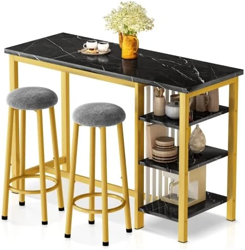 AWQM Bar Table Set With Storage Shelves, 47" White Modern Faux Marble Breakfast Table With 2 Stools, 3-Piece Dining Set For 2, Space Saving Table For Kitchen/Dinning Room/Living Room/Bedroom/Office 14 AWQM Bar Table Set With Storage Shelves, 47" White Modern Faux Marble Breakfast Table With 2 Stools, 3-Piece Dining Set For 2, Space Saving Table For Kitchen/Dinning Room/Living Room/Bedroom/Office - Image 12