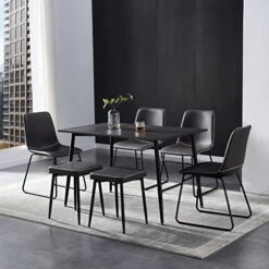 Hanway Modern Dining Table Set For 6 | 4 Chairs + 2 Benches | Upholstered Seats | Rectangular Kitchen & Living Room Furniture | Metal Legs | Faux-Leather | Stylish Home Décor Piece (Black Chair)