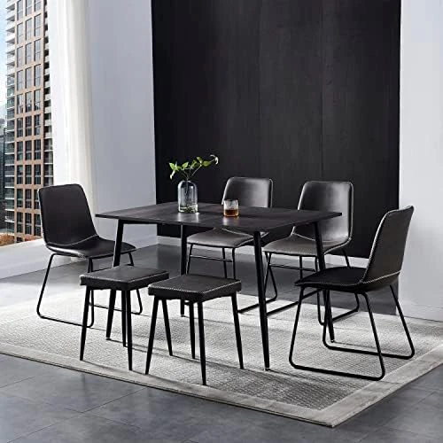 Hanway Modern Dining Table Set For 6 | 4 Chairs + 2 Benches | Upholstered Seats | Rectangular Kitchen & Living Room Furniture | Metal Legs | Faux-Leather | Stylish Home Décor Piece (Black Chair) 9 Hanway Modern Dining Table Set For 6 | 4 Chairs + 2 Benches | Upholstered Seats | Rectangular Kitchen & Living Room Furniture | Metal Legs | Faux-Leather | Stylish Home Décor Piece (Black Chair) - Image 7