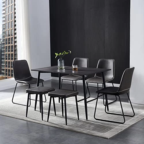 Hanway Modern Dining Table Set For 6 | 4 Chairs + 2 Benches | Upholstered Seats | Rectangular Kitchen & Living Room Furniture | Metal Legs | Faux-Leather | Stylish Home Décor Piece (Black Chair) 3 Hanway Modern Dining Table Set For 6 | 4 Chairs + 2 Benches | Upholstered Seats | Rectangular Kitchen & Living Room Furniture | Metal Legs | Faux-Leather | Stylish Home Décor Piece (Black Chair)