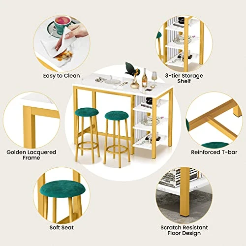 AWQM Bar Table Set With Storage Shelves, 47" White Modern Faux Marble Breakfast Table With 2 Stools, 3-Piece Dining Set For 2, Space Saving Table For Kitchen/Dinning Room/Living Room/Bedroom/Office 8 AWQM Bar Table Set With Storage Shelves, 47" White Modern Faux Marble Breakfast Table With 2 Stools, 3-Piece Dining Set For 2, Space Saving Table For Kitchen/Dinning Room/Living Room/Bedroom/Office - Image 6