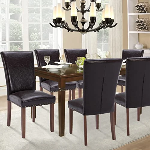 PU Leather Dining Chairs Set Of 6, Upholstered Parsons Dining Room Kitchen Side Chair With Nailhead Trim And Wood Legs - Dark Brown 4 PU Leather Dining Chairs Set Of 6, Upholstered Parsons Dining Room Kitchen Side Chair With Nailhead Trim And Wood Legs - Dark Brown - Image 2