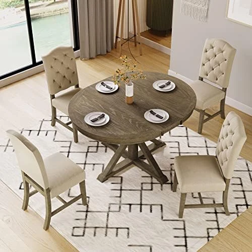 P PURLOVE Round Extendable Dining Table Set For 4 Persons, 5 Piece Round Kitchen Table Set With Extendable Table And 4 Upholstered Dining Chairs for Kitchen Dining Room 13 P PURLOVE Round Extendable Dining Table Set For 4 Persons, 5 Piece Round Kitchen Table Set With Extendable Table And 4 Upholstered Dining Chairs for Kitchen Dining Room - Image 11