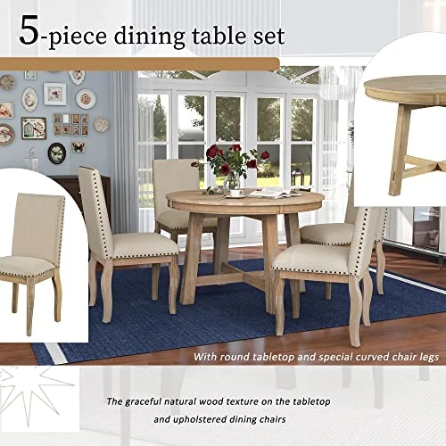 P PURLOVE Round Extendable Dining Table Set For 4 Persons, 5 Piece Round Kitchen Table Set With Extendable Table And 4 Upholstered Dining Chairs for Kitchen Dining Room 7 P PURLOVE Round Extendable Dining Table Set For 4 Persons, 5 Piece Round Kitchen Table Set With Extendable Table And 4 Upholstered Dining Chairs for Kitchen Dining Room - Image 5