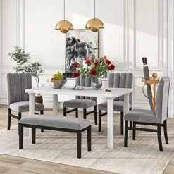 P PURLOVE Faux Marble Style 6 Piece Dining Table Set Marble Stickers MDF Top Kitchen Table With 4 Thicken Cushion Chairs And A Bench, For Home Living Room (White) -Home Table Chair Store 51aSlulmX8L. AC