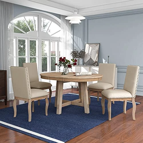 P PURLOVE Round Extendable Dining Table Set For 4 Persons, 5 Piece Round Kitchen Table Set With Extendable Table And 4 Upholstered Dining Chairs for Kitchen Dining Room 4 P PURLOVE Round Extendable Dining Table Set For 4 Persons, 5 Piece Round Kitchen Table Set With Extendable Table And 4 Upholstered Dining Chairs for Kitchen Dining Room - Image 2