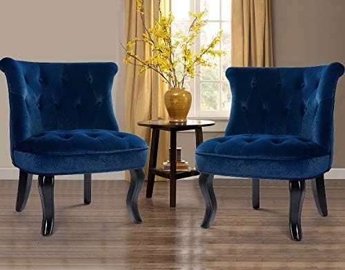 TINA'S HOME Modern Fabric Armless Accent Chairs Set Of 2, Upholstered Fabric Button Single Sofa Chair With Wooden Legs For Living Room, Comfy Tufted Bedroom Chairs For Dining Room (Navy) 10 TINA'S HOME Modern Fabric Armless Accent Chairs Set Of 2, Upholstered Fabric Button Single Sofa Chair With Wooden Legs For Living Room, Comfy Tufted Bedroom Chairs For Dining Room (Navy) - Image 8