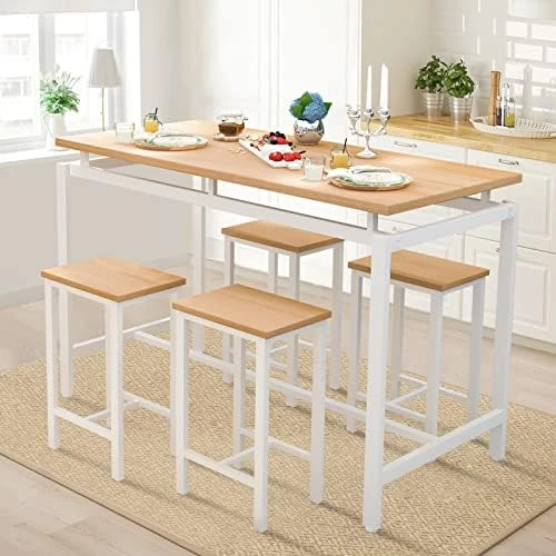 DKLGG Bar Dining Table Set For 4 Industrial Pub Table And Chairs, Kitchen Counter Height Table & 4 PU Leather Upholstered Stools With Backrest Space-Saving Dining Room Table Set For Small Space 7 DKLGG Bar Dining Table Set For 4 Industrial Pub Table And Chairs, Kitchen Counter Height Table & 4 PU Leather Upholstered Stools With Backrest Space-Saving Dining Room Table Set For Small Space - Image 5
