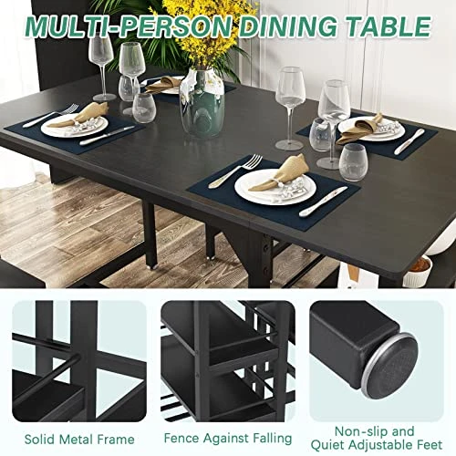 Rxicdeo Dining Table Set For 4, Kitchen Table Set With 1 Bench And 2 Chairs, Dining Room Table With Wine Rack And Storage Shelf, Breakfast Table Space-Saving Dinette For Kitchen, Dining Room (Black) 6 Rxicdeo Dining Table Set For 4, Kitchen Table Set With 1 Bench And 2 Chairs, Dining Room Table With Wine Rack And Storage Shelf, Breakfast Table Space-Saving Dinette For Kitchen, Dining Room (Black) - Image 4