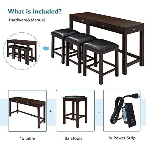 Harper & Bright Designs 4-Piece Counter Height Table Set With 2 Drawers And Socket, Mulitpurpose Rustic Bar Dining Table Set With 3 Leather Padded Stools (Espresso) 6 Harper & Bright Designs 4-Piece Counter Height Table Set With 2 Drawers And Socket, Mulitpurpose Rustic Bar Dining Table Set With 3 Leather Padded Stools (Espresso) - Image 4