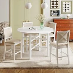 P PURLOVE 5-Piece Round Dining Table Set For 4, Retro Style Kitchen Table Set With Curved Trestle Style Table Legs And 4 Upholstered Chairs For Dining Room, Kitchen Room 24 P PURLOVE 5-Piece Round Dining Table Set For 4, Retro Style Kitchen Table Set With Curved Trestle Style Table Legs And 4 Upholstered Chairs For Dining Room, Kitchen Room -Home Table Chair Store 51diTSYppFL. AC