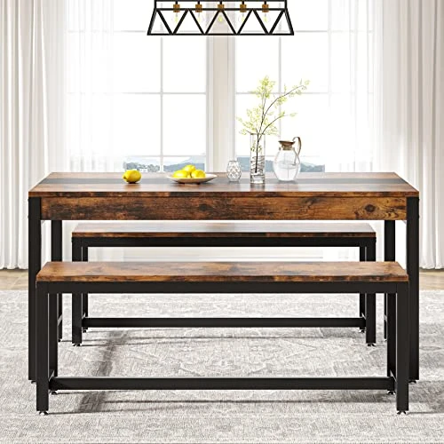 Tribesigns Dining Table Set For 4 To 6, 63 Inch Kitchen Breakfast Table With 2 Benches & Sided Drawer, 3-Piece Modern Industrial Bar Table Furniture Set For Dining Room, Home, Rustic Brown & Black 4 Tribesigns Dining Table Set For 4 To 6, 63 Inch Kitchen Breakfast Table With 2 Benches & Sided Drawer, 3-Piece Modern Industrial Bar Table Furniture Set For Dining Room, Home, Rustic Brown & Black - Image 2