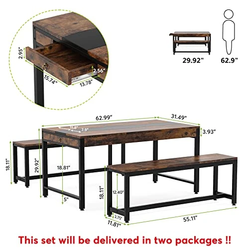 Tribesigns Dining Table Set For 4 To 6, 63 Inch Kitchen Breakfast Table With 2 Benches & Sided Drawer, 3-Piece Modern Industrial Bar Table Furniture Set For Dining Room, Home, Rustic Brown & Black 7 Tribesigns Dining Table Set For 4 To 6, 63 Inch Kitchen Breakfast Table With 2 Benches & Sided Drawer, 3-Piece Modern Industrial Bar Table Furniture Set For Dining Room, Home, Rustic Brown & Black - Image 5