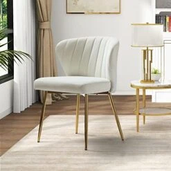 HULALA HOME Velvet Dining Chairs, Modern Small Armless Accent Chair With Gold Metal Legs, Living Room Upholstered Cute Side Chair, Elegant Tufted Back Vanity Chair For Bedroom/Beauty Room-Ivory -Home Table Chair Store 51hArETte7L. AC