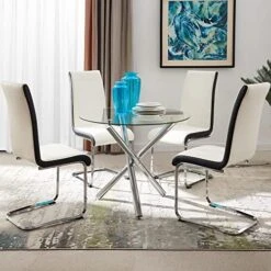 Modern Round Dining Table With Clear Tempered Glass Top, 3 Chrome Legs Kitchen Table For 2 Or 4 Person,Round Dining Table Furniture For Home Office Kitchen Dining Room(W 35.4 X L 35.4 X H 29.5 Inch) 15 Modern Round Dining Table With Clear Tempered Glass Top, 3 Chrome Legs Kitchen Table For 2 Or 4 Person,Round Dining Table Furniture For Home Office Kitchen Dining Room(W 35.4 X L 35.4 X H 29.5 Inch) -Home Table Chair Store 51hL0zki5ML. AC