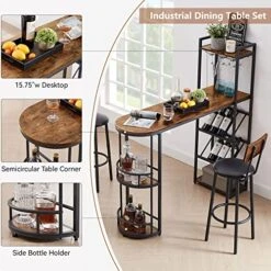 GNIXUU Bistro Table And Chairs Set Of 2, Kitchen Dining Bar Table With Counter Height Barstools, Industrial Pub Table Set With Wine Rack And Side Storage