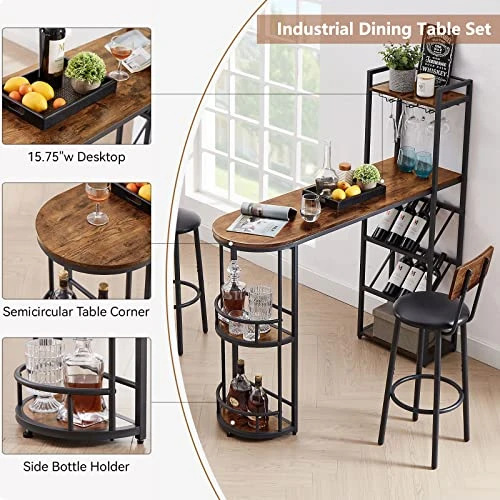 GNIXUU Bistro Table And Chairs Set Of 2, Kitchen Dining Bar Table With Counter Height Barstools, Industrial Pub Table Set With Wine Rack And Side Storage 3 GNIXUU Bistro Table And Chairs Set Of 2, Kitchen Dining Bar Table With Counter Height Barstools, Industrial Pub Table Set With Wine Rack And Side Storage