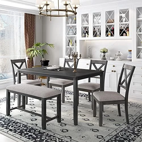 LZ LEISURE ZONE 6 Piece Wooden Dining Table Set With Bench And 4 Dining Chairs, Kitchen Table Set Family Furniture For 6 People (Antique Graywash) 14 LZ LEISURE ZONE 6 Piece Wooden Dining Table Set With Bench And 4 Dining Chairs, Kitchen Table Set Family Furniture For 6 People (Antique Graywash) - Image 12