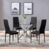 4HOMART YVONNE&F.L.A.M. Dining Table With Chairs, Round Glass Table Set Modern Tempered Glass Top Table With 4 Black PU Leather Chairs Dining Room Furniture(Round Table+4 Black Chairs)