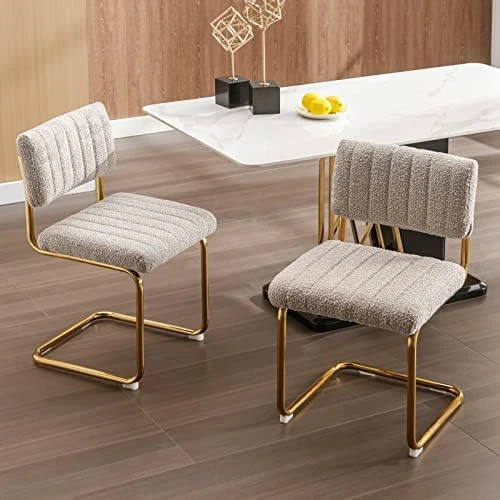 Zesthouse Mid-Century Modern Dining Chairs With Gold Metal Base, Accent Armless Kitchen Chairs With Channel Tufting, Upholstered Boucle Fabric Side Chairs, Set Of 2, Grey Khaki 7 Zesthouse Mid-Century Modern Dining Chairs With Gold Metal Base, Accent Armless Kitchen Chairs With Channel Tufting, Upholstered Boucle Fabric Side Chairs, Set Of 2, Grey Khaki - Image 5