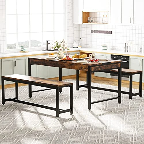 Tribesigns Dining Table Set For 4 To 6, 63 Inch Kitchen Breakfast Table With 2 Benches & Sided Drawer, 3-Piece Modern Industrial Bar Table Furniture Set For Dining Room, Home, Rustic Brown & Black 3 Tribesigns Dining Table Set For 4 To 6, 63 Inch Kitchen Breakfast Table With 2 Benches & Sided Drawer, 3-Piece Modern Industrial Bar Table Furniture Set For Dining Room, Home, Rustic Brown & Black