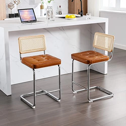 ONEVOG Island Rattan Chairs, Faux Leathe Seating Kitchen Counter Height (24 Inch) Bastool With Sturdy Frame Chrome Legs, Dining Room Home Kitchen Stools Set Of 2 (Brown) 4 ONEVOG Island Rattan Chairs, Faux Leathe Seating Kitchen Counter Height (24 Inch) Bastool With Sturdy Frame Chrome Legs, Dining Room Home Kitchen Stools Set Of 2 (Brown) - Image 2